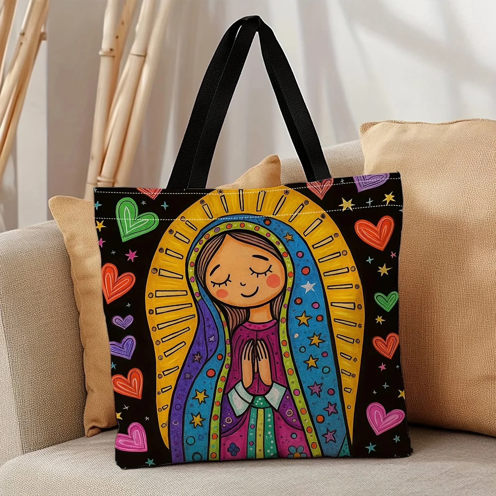1pc Large Capacity Tote Bag Our Lady of Guadalupe Religious Design with Hearts Stars Heavy-Duty Spanish Catholic Bag