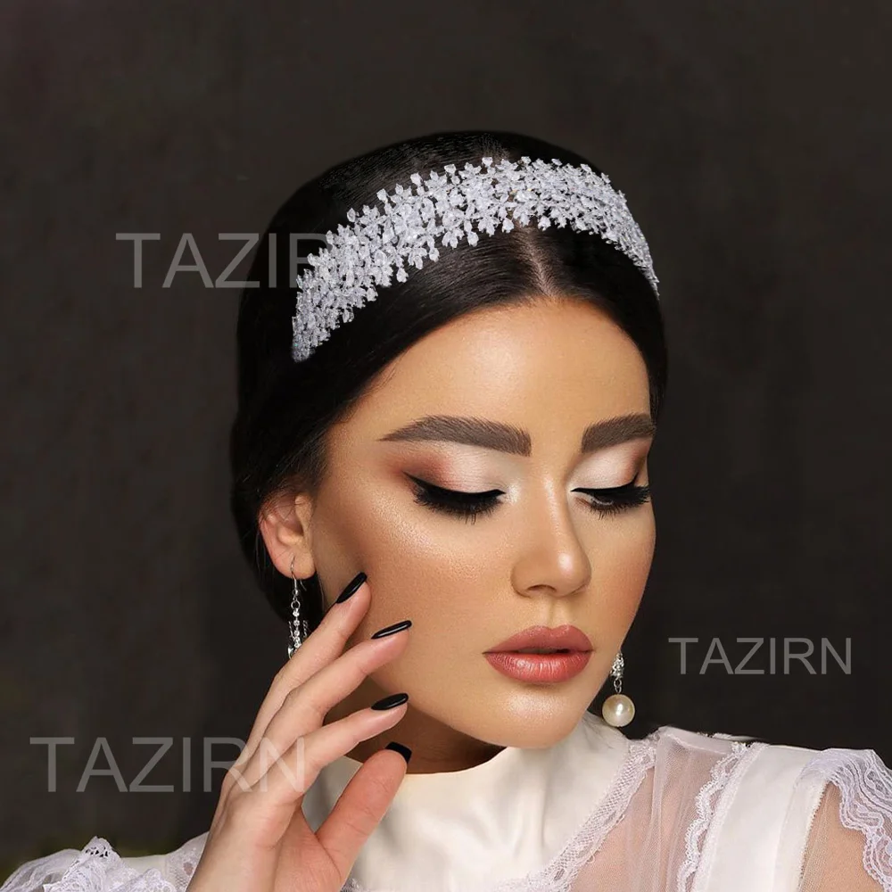 TAZIRN 5A Cubic Zirconia Sweet 16 Princess Headband CZ Wedding Bridal Tiaras Handmade Zircon Party Prom Hair Jewelry for Women