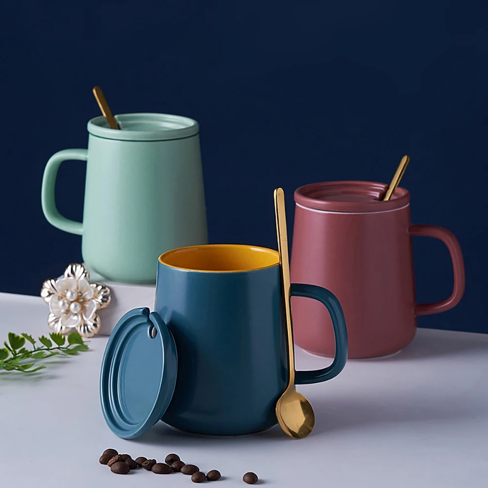 ABUH- Mugs With Cover And Spoon Light Creative Coffee Mug Contrast Colors Cup Perfect Gifts For Friends Birthday