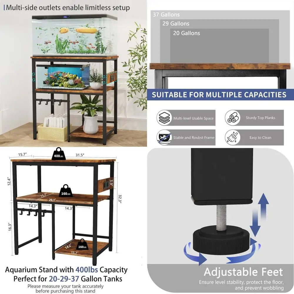 

Brown 3-Tier Heavy Duty Aquarium Stand for 20-29-37 Gallon Tanks, with Power Outlet, Suitable for Home and Office Use