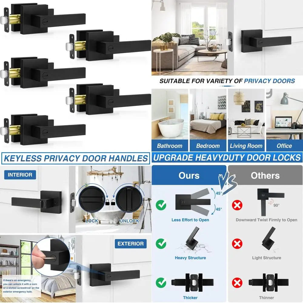 

Матовые черные дверные ручки, внутренние ручки без ключа, комплекты замков с рычагами конфиденциальности для дома, сверхмощные квадратные замки, двусторонние для слева/