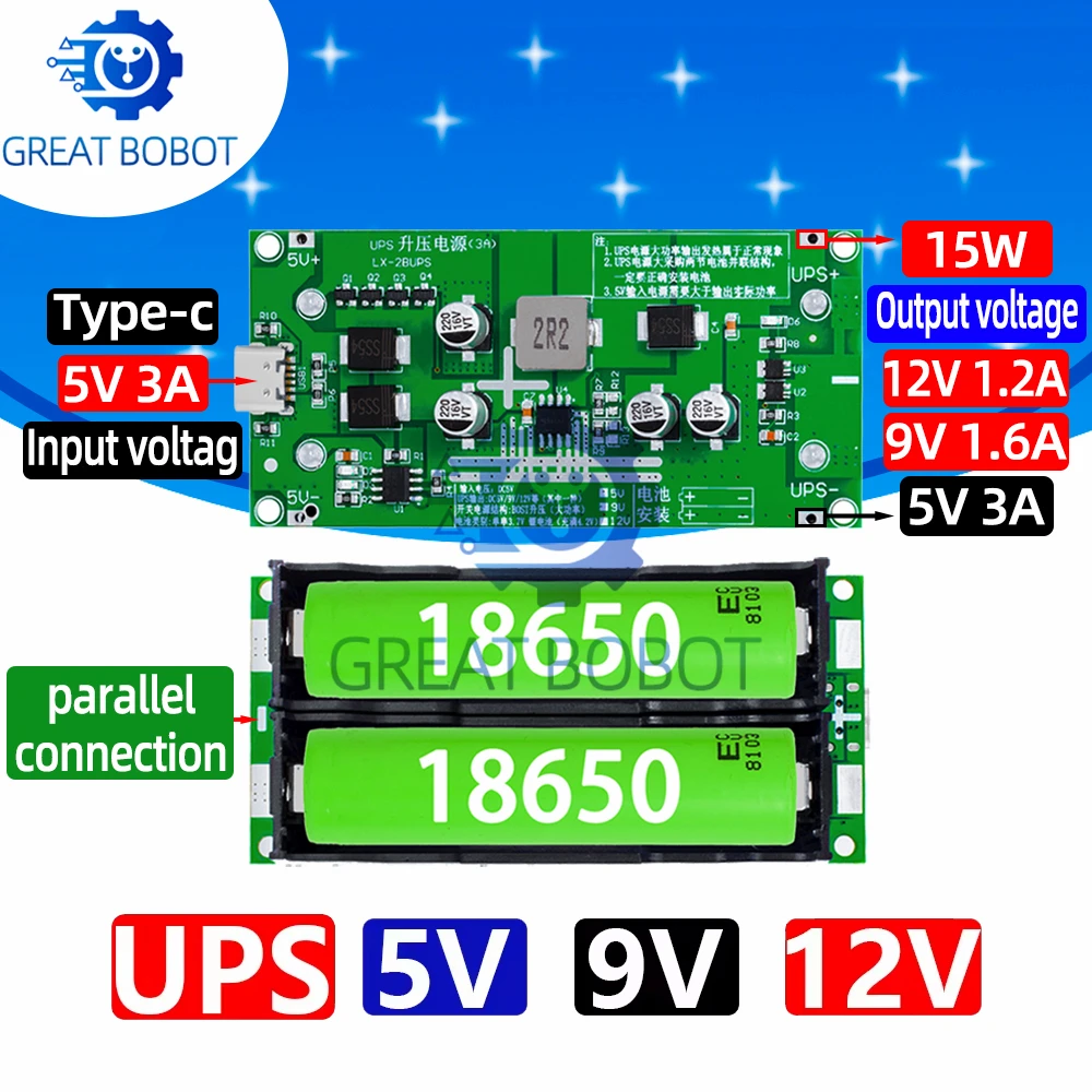 BS Type-C 15 واط 3A 18650 شاحن بطارية ليثيوم وحدة DC-DC تصعيد الداعم شحن سريع UPS امدادات الطاقة/محول 5 فولت 9 فولت 12 فولت