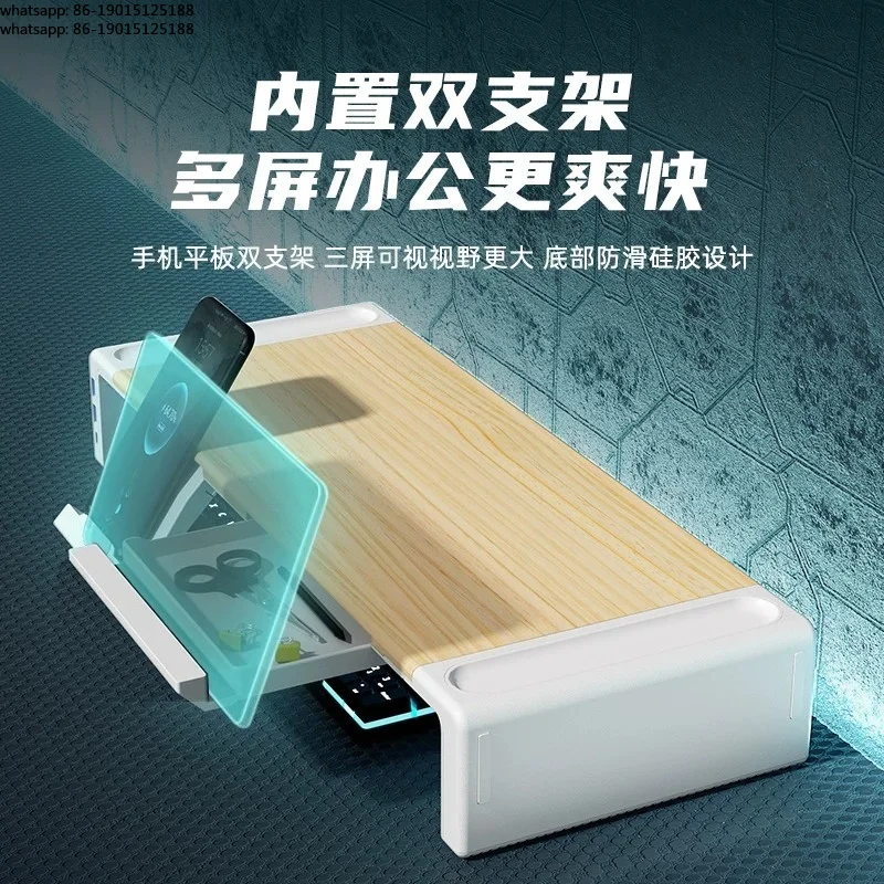 Desktop computer monitor with elevated rack, drawers, multifunctional stand, adjustable storage base for lifting and lowering