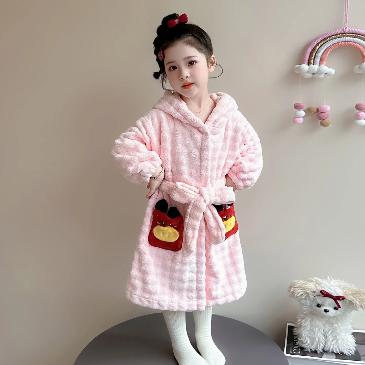 2026 Girls Suitable New Bathrobe Coral Fleece Fall Winter 2026 New Kids Loungewear Baby Animal Hooded