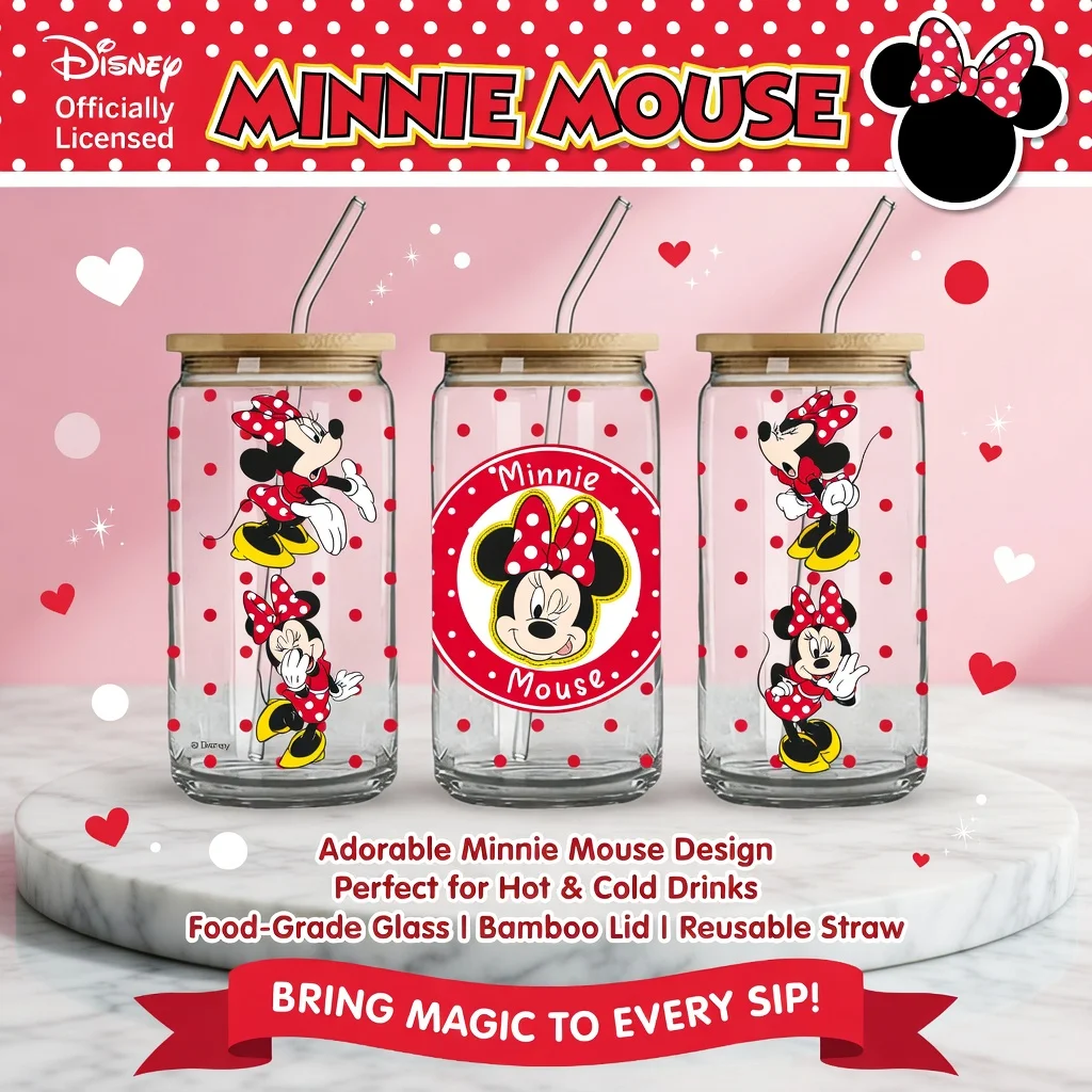 1pc 16oz Disney Minnie Mouse Borosilicate Glass Tumbler with Lid & Straw Cute Summer Cup for Iced Coffee Juice Perfect Gift
