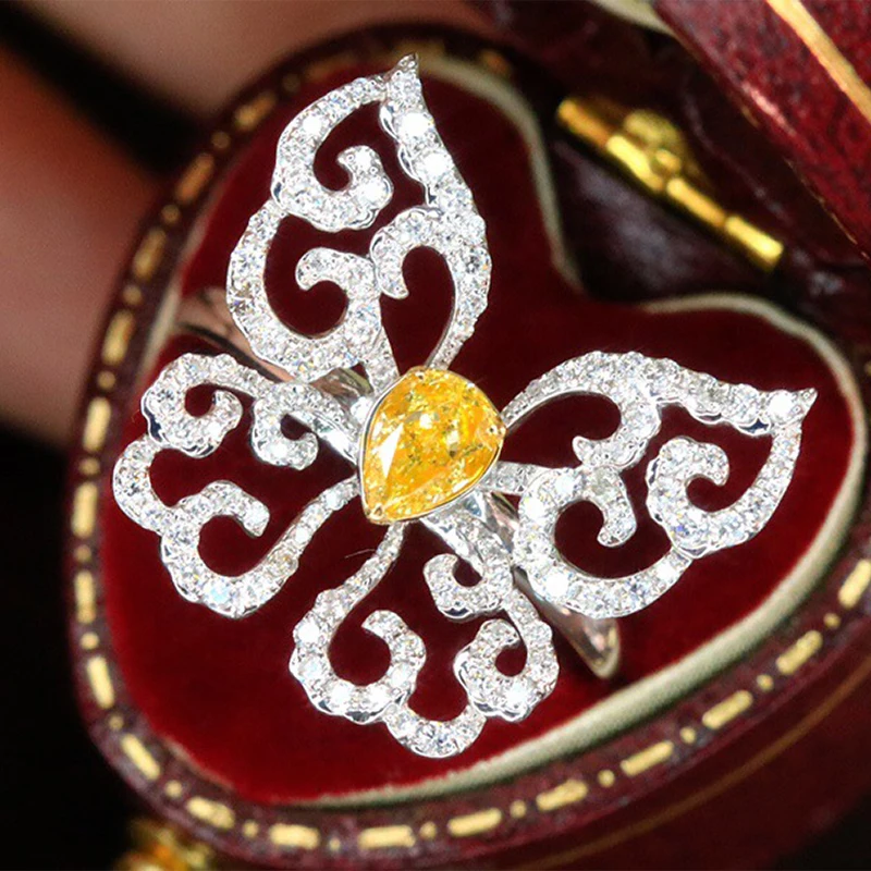 Aazuo 18K Luxury Jewelry High Quality Real Yellow Diamonds 1.10ct 18K White Gold Butterfly Ring Upscale Trendy Senior Party