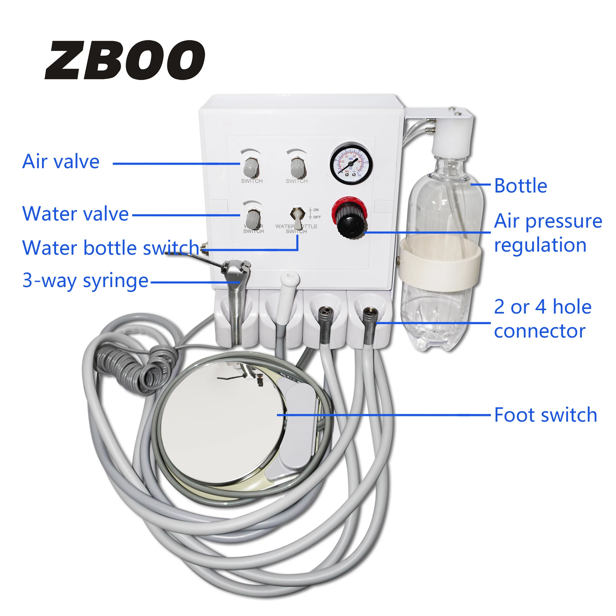 Portable Dental Turbine Unit 2Holes/4Holes 3 way syringe Foot Pedal Work With Air Compressor Dental Handpiece Dental Equipment