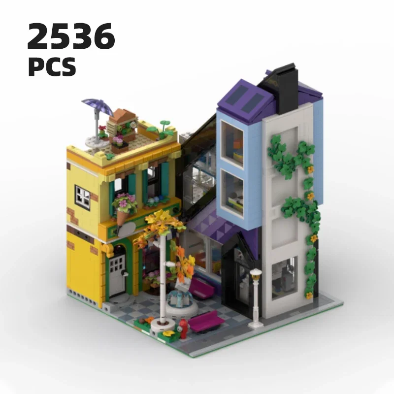 

Architecture MOC Modular supermarket brick set City street view model Downtown flower store buildings block kit DIY gift for kid