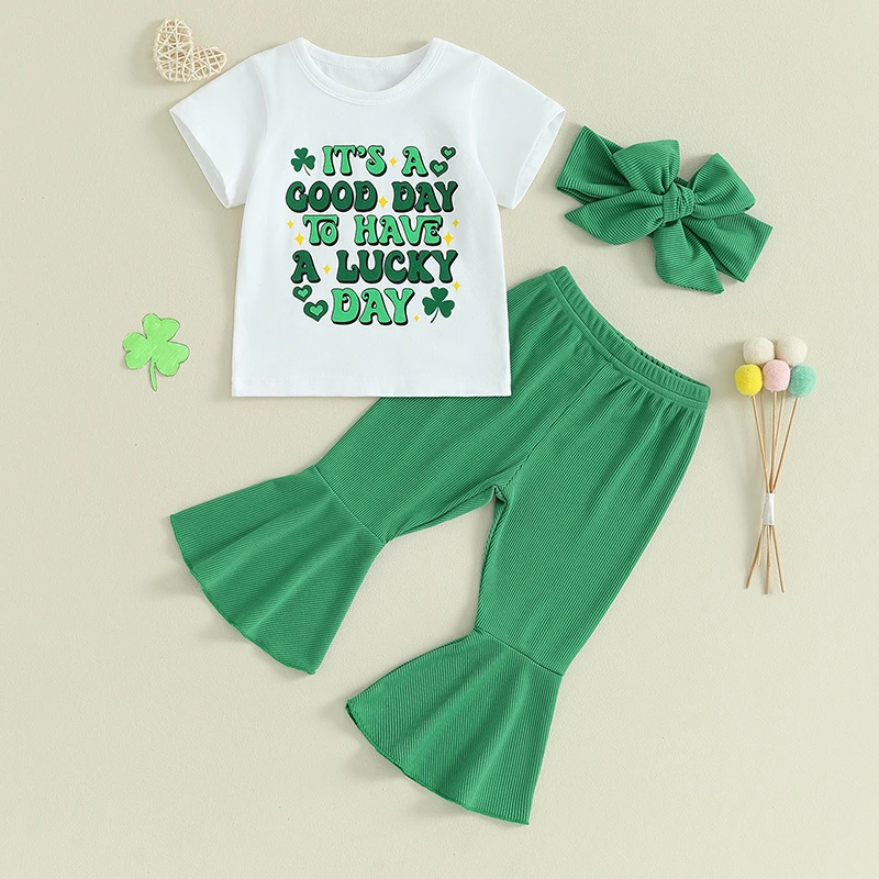 hirigin Toddler Baby Girl 3PCS St Patrick s Day Outfit Letter Print T-Shirt Bell Pants Headband Girls Summer Outfits