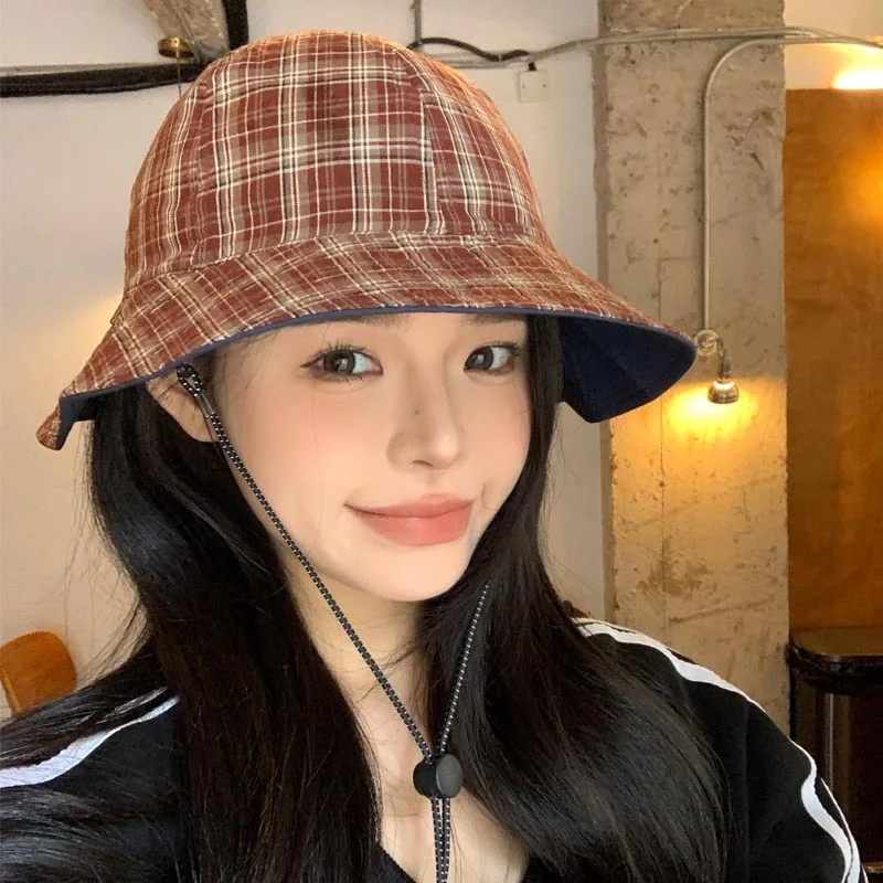 Korean Double-sided Plaid Bucket Hat for Men and Women Literary Spring and Summer Shading Quick-drying Lace-up Fishing Cap