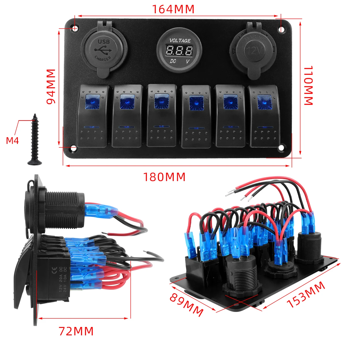 6 Gang Marine Rocker Switch Panel 12V, LED Lighted Boat Toggle Panel with USB Cigarette Lighter Socket Voltmeter for Car RV UTV