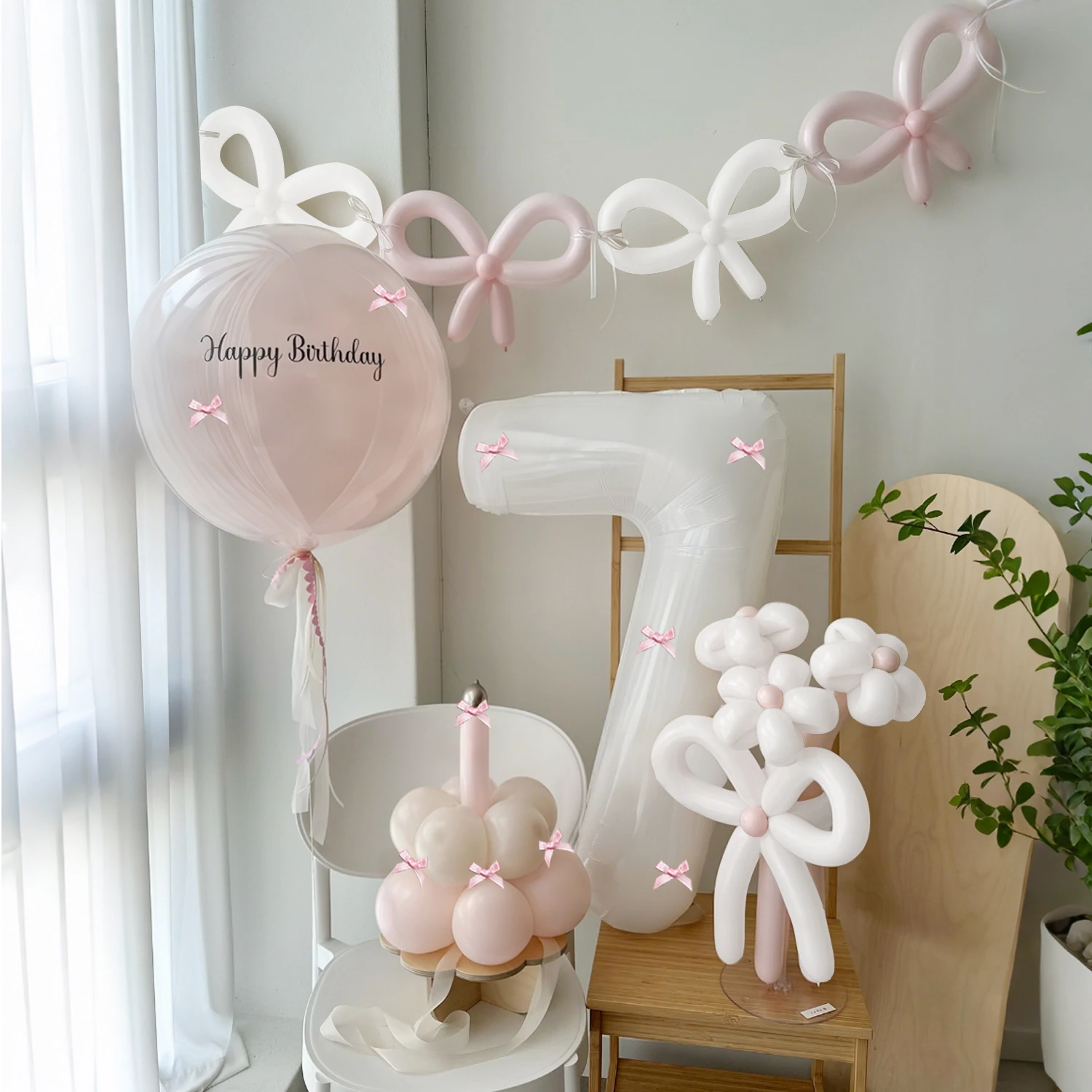 45 Pieces Pink Sand White Balloon White Aluminum Foil Number Balloon Long Balloon Set, Pink Butterfly, Birthday, Anniversary 0-9