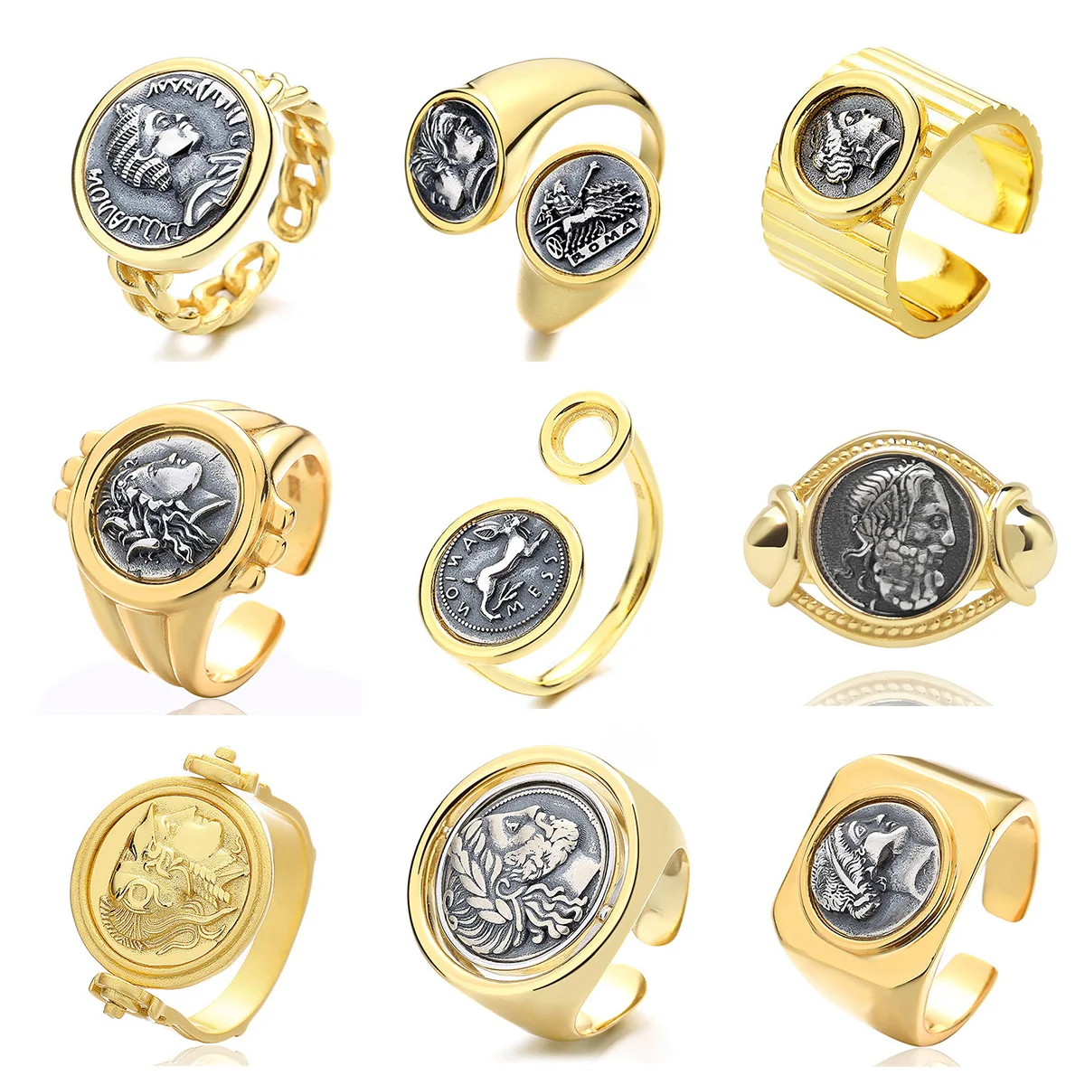 ABLES CHIC Roman Coin Solid 925 Silver Ring Ancient Greek 18K Gold Tone Flipping Coin Replica Vintage Rings for Women Men