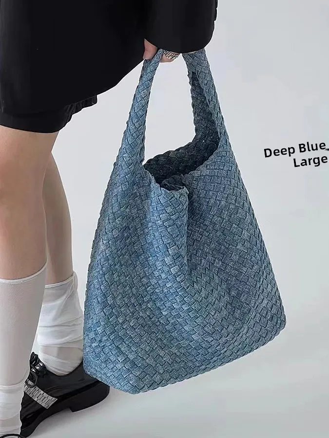 Handwoven Denim Tote Bag 2026 New Style Large Capacity Lazy Style Mother-Child Bag Single Shoulder Handbag Handcrafted