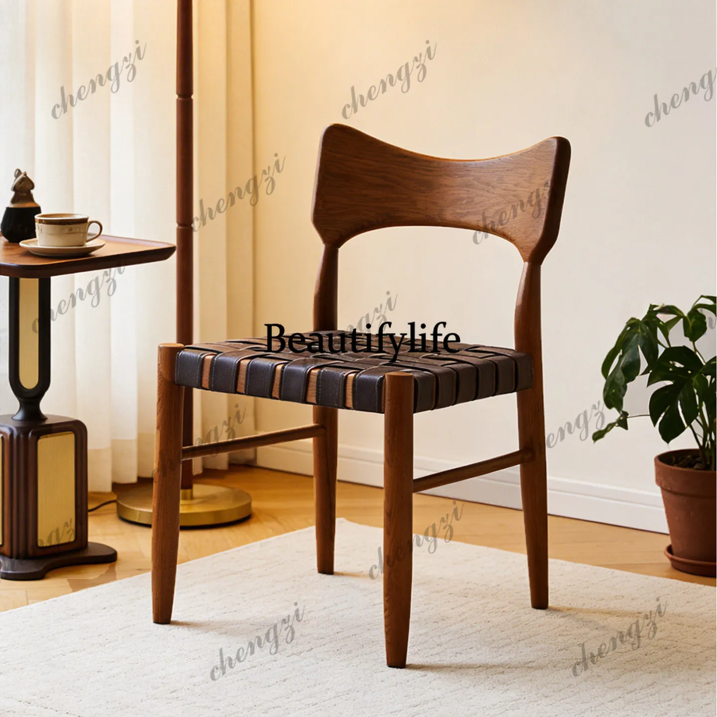 

Medieval style solid wood dining chair household backrest dining table retro woven leather seat surface casual butterfly chair