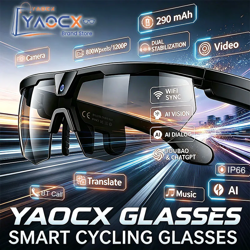 

New Cycling Smart Glasses HD 800W Camera Anti-shake Video Recording AI Translation IP66 Dust/Water/Sweat Resistant Sunglasses