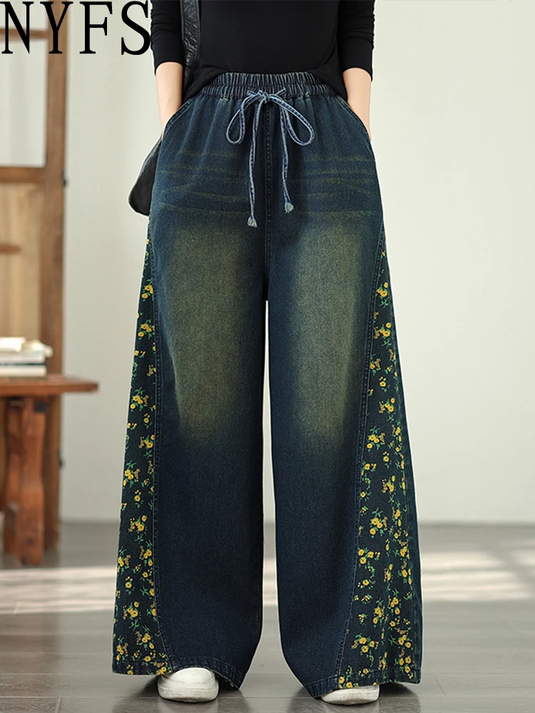 NYFS Vintage Fashion Print plus maat losse damesjeans elastische taille wijde pijpen broek herfst denim broek