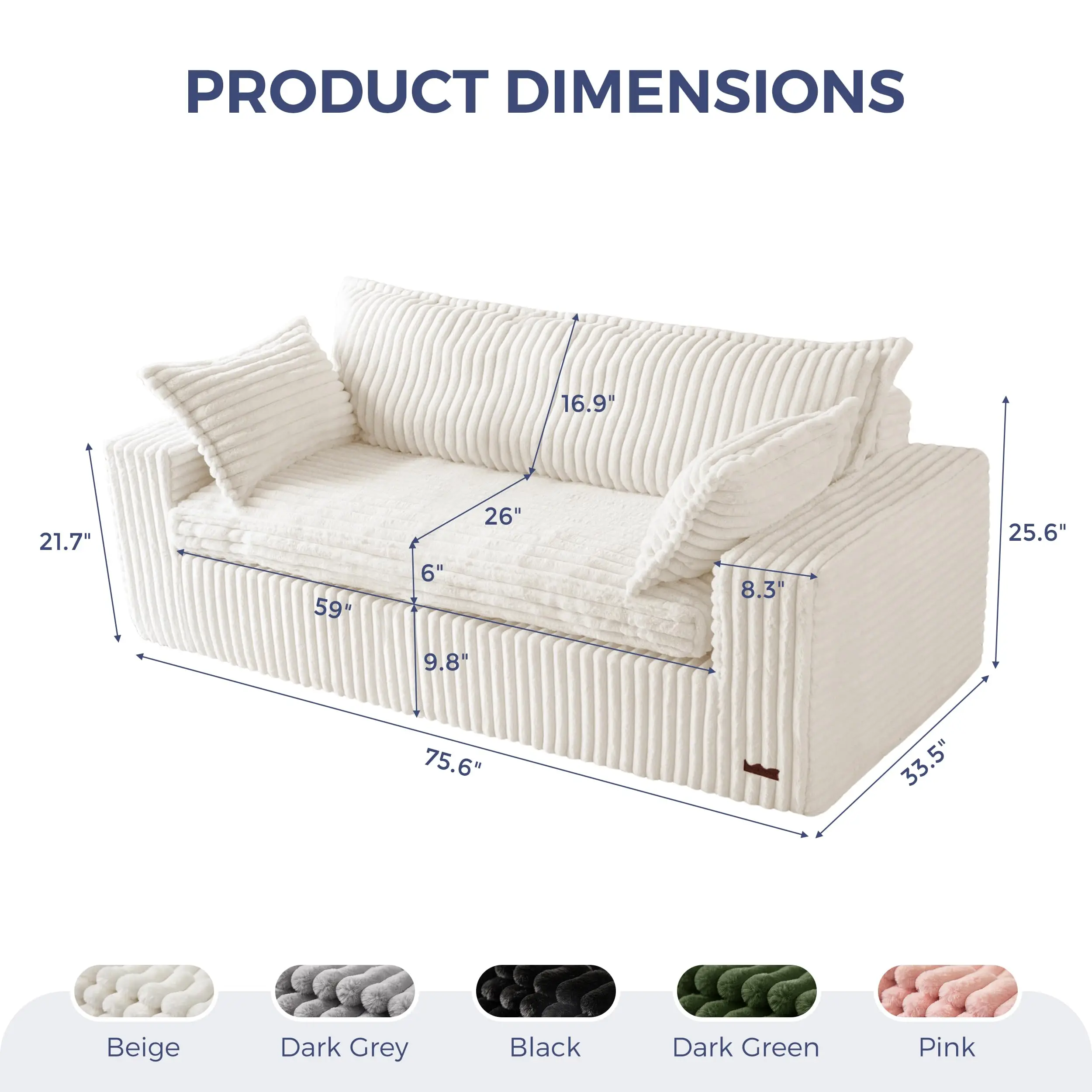 Boneless Couch, 76-Inch Couch in a Box, Oversized 3-Seater Sofa