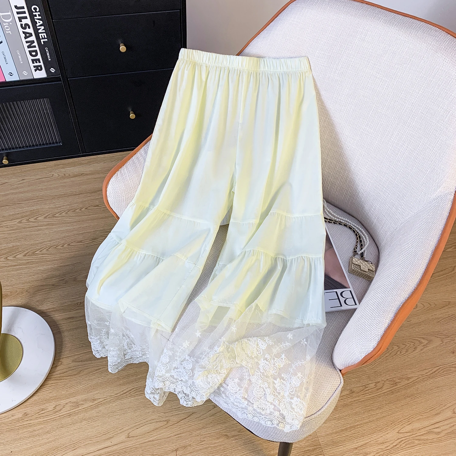 Pantaloni a gamba larga a strati con finiture in pizzo Pantaloni sottili trasparenti Boting Vestibilità ampia Versatile abbigliamento interno con giunture multistrato