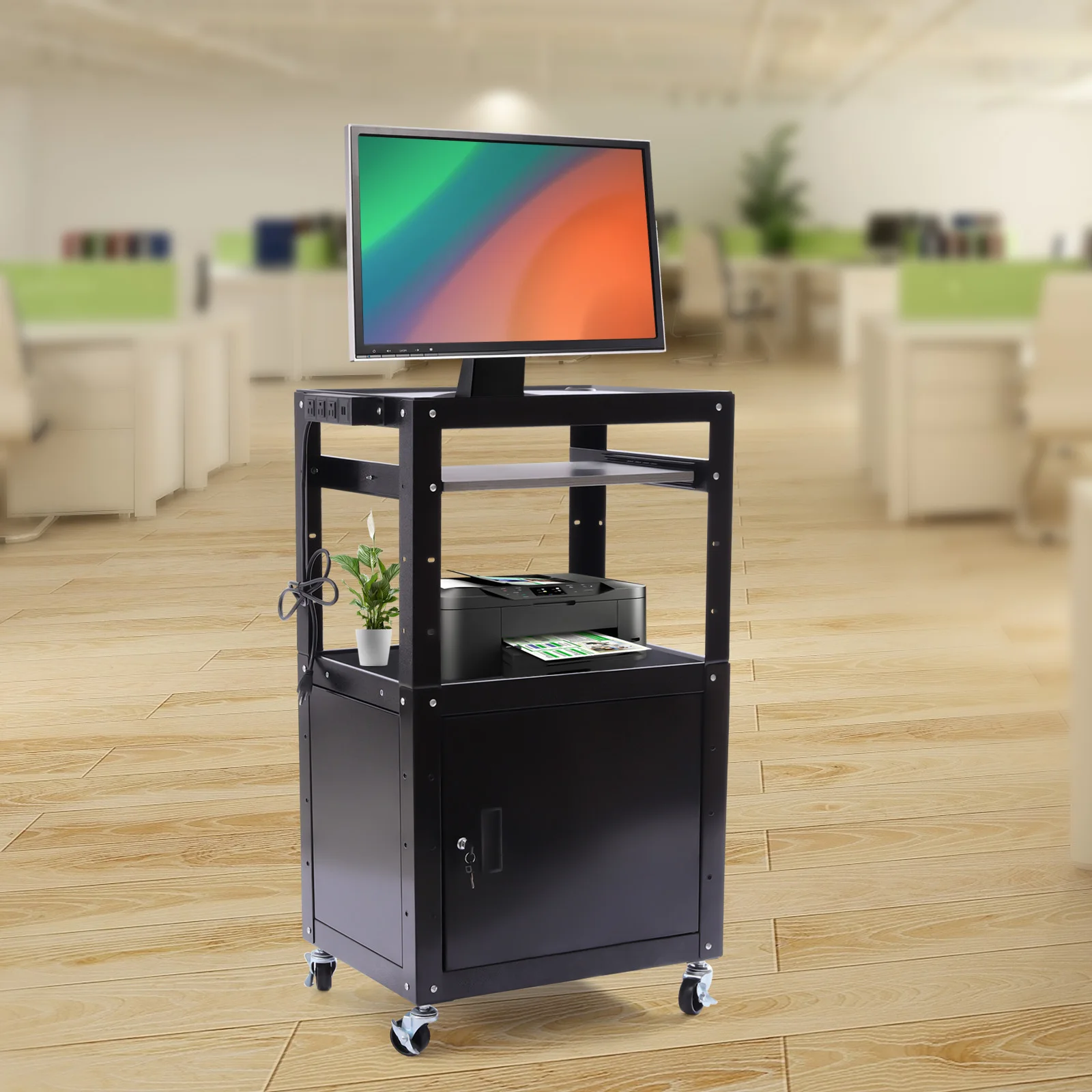 AV Cart Media Cart Adjustable Height with Pull Out Keyboard Tray and Locking Cabinet, for Power Cord Management Video Projector