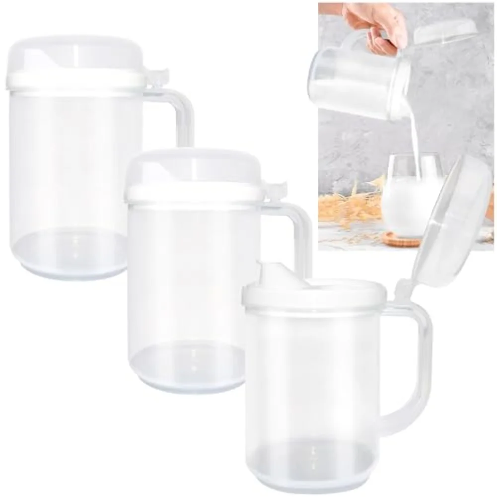 3-Pack 650ml Pitchers Milk Creamer Frothing Pitcher With Lid&Handle Transparent Plastic Round Oil Dispensers Kitchen Baking Tool