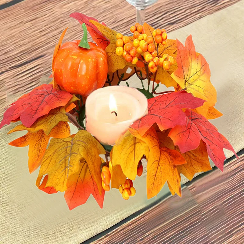 Artificial Maple Leaf Wreath Berry Pumpkin Wreath Autumn Floral Wreath Garland Thanksgiving Halloween Harvest Festival Decor