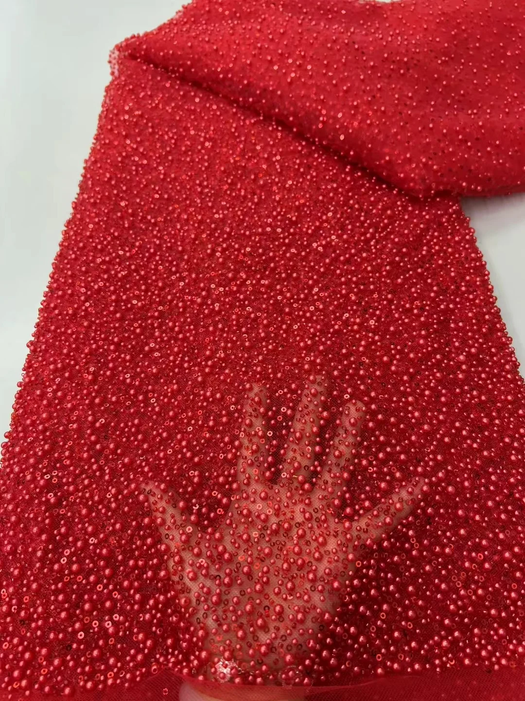 

2025 нигерийский тюль ручной работы с бисером, 5 ярдов, кружевная ткань, роскошная африканская сетчатая ткань с блестками и жемчугом для свадебного платья для выпускного вечера