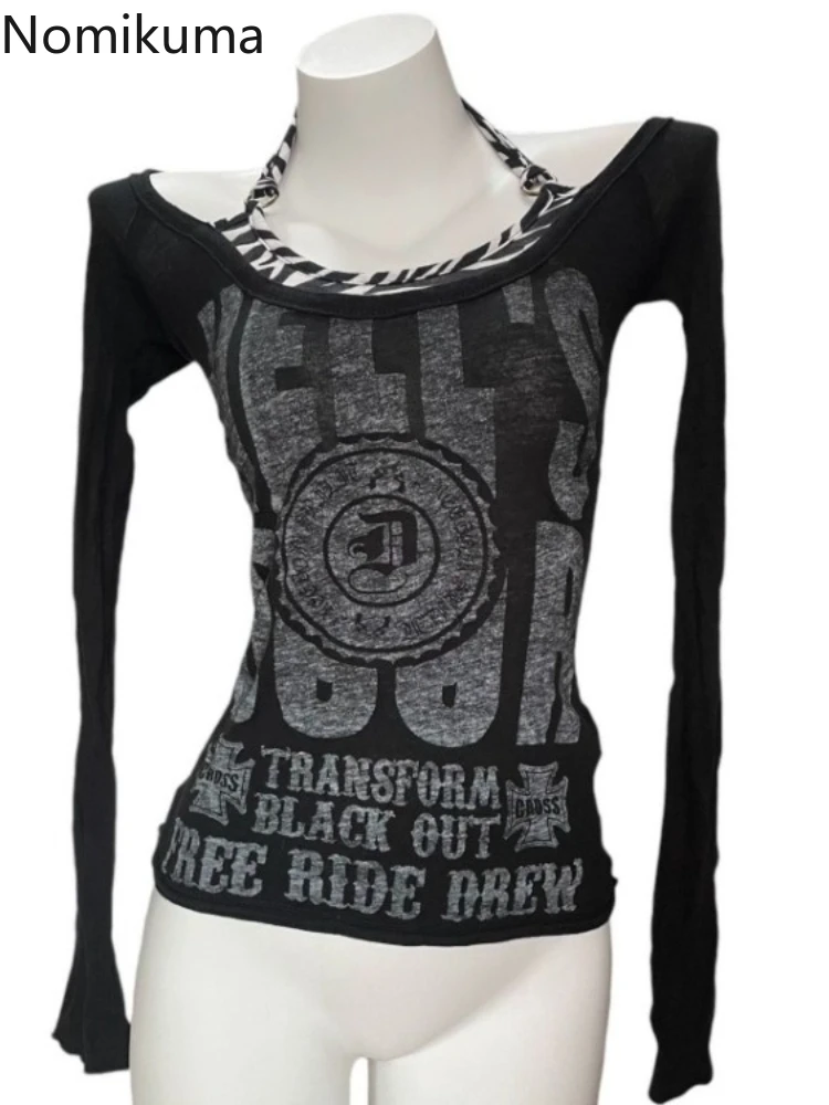 

Cotton Woman Tshirts Bandage Long Sleeve Tees 2025 Ropa Mujer Y2k Tops Letter Print Tunic Camisetas Casual Chic Korean T-shirt