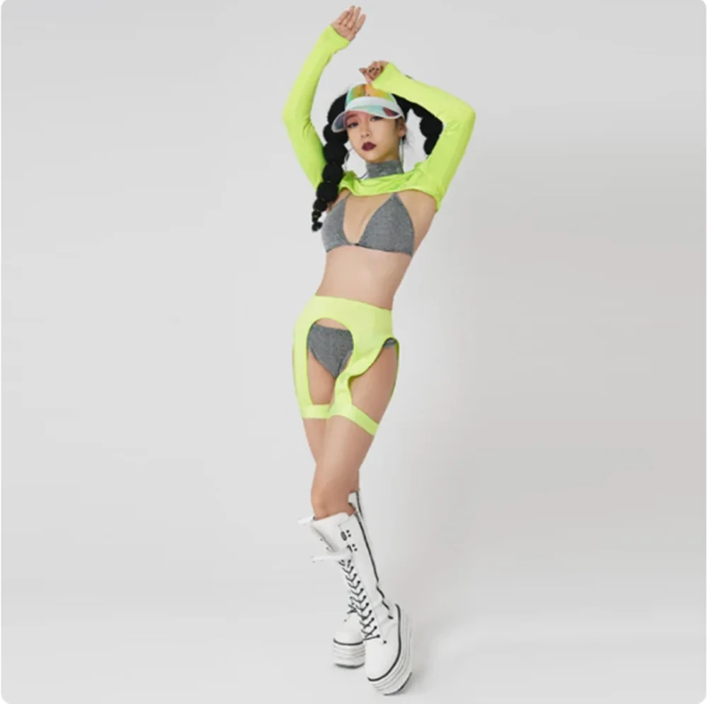 Fluorescent Green Pole Dance Outfit Nightclub Dj Ds Clothing Sexy Bikini Gogo Dancer Costume Adult Women Jazz Dancewear