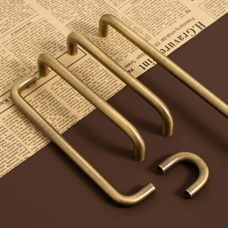 U-shaped Antique Brass Brushed Furniture Handle Solid Brass Bronze Drawer Knob Modern Simple Wardrobe Kitchen Cabinet Long Pull