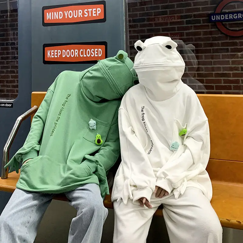 

Women's Vintage Frog Hoodie - Korean Ins Style Loose Fit Couple Pullover,Casual Retro Printed Hooded Jacket
