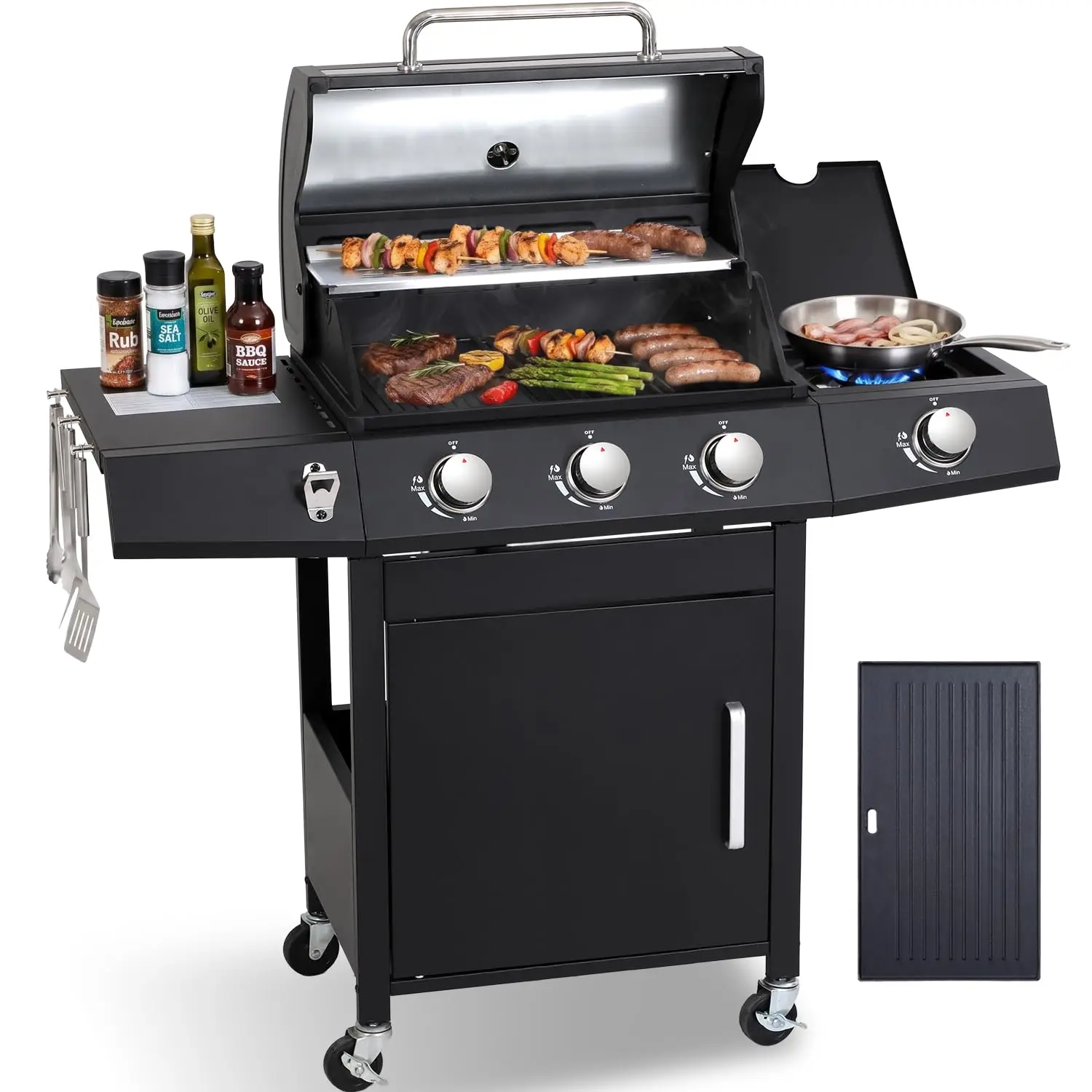 3-Burner Propane Gas BBQ Grill with Side Burner for Outdoor BBQ, Customized