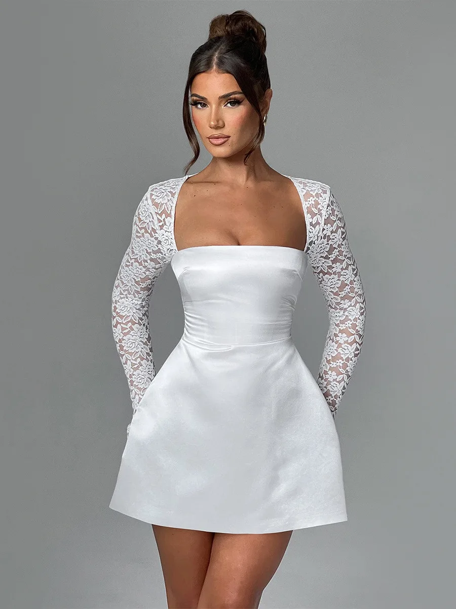 

PuTao Summer Lace Cocktail Dresses for Women 2024 New Fashion A Line Party Dresses White Satin Dress Women's Clothing 2024