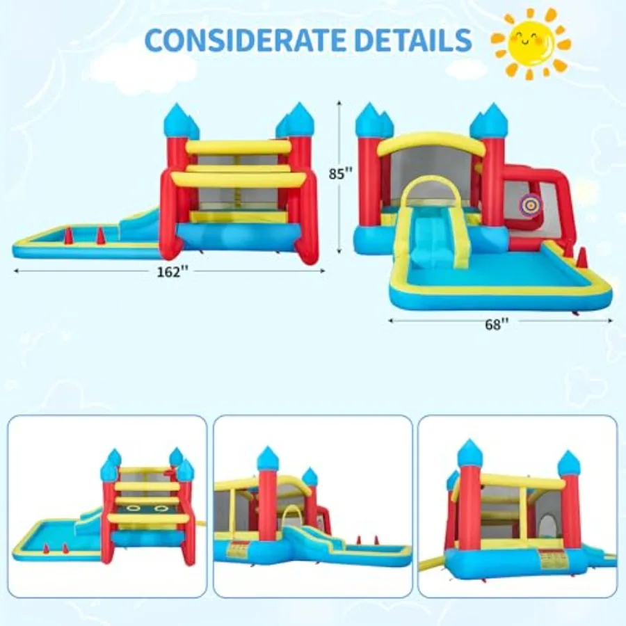 6in1 Opblaasbaar Springhuis voor 36 Springkasteel met Glijbaan Basketbalring Voetbaldoel Dartbord Trampoline Springkasteel fo