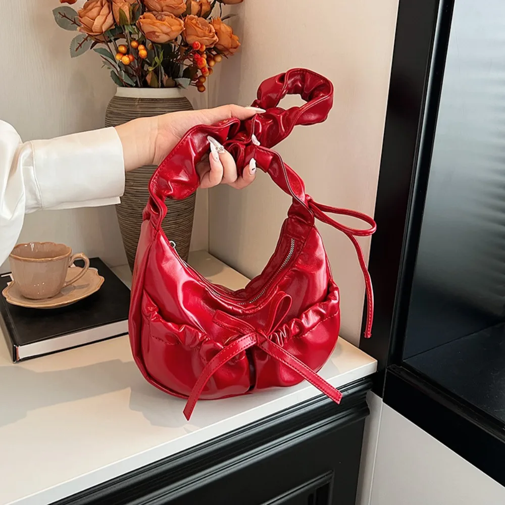 Large Capacity Bowknot Shoulder Bag Korean Style Dumpling Type Pleated Underarm Bag Solid Color Waterproof Underarm Bag Outdoor