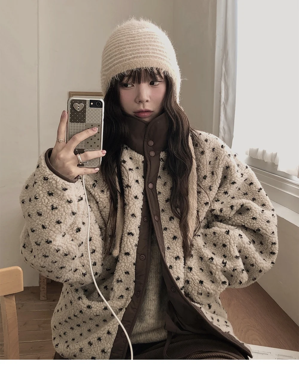 

2Colors 2 side wearing Autumn Winter Korean Chic Style print Woolen Jacket Women's Casual Loose Lamb FurButton Warm coat female