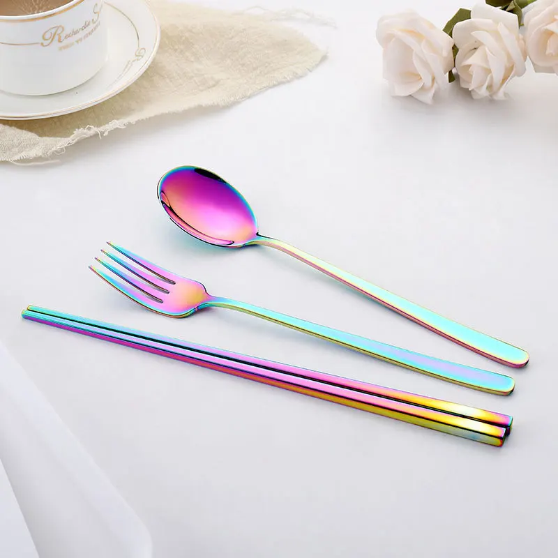 3pcs Reusable 304 Stainless Steel Tableware Set Portable Spoon Fork Chopsticks Set for Travel Outdoor Dinnerware with Pack