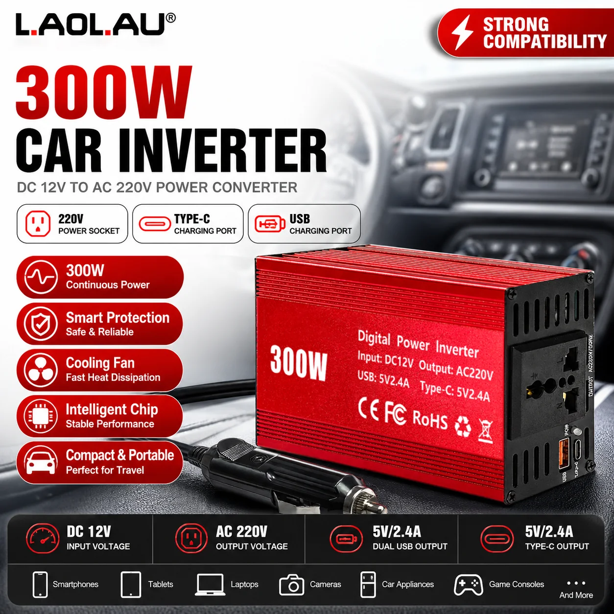 Digital Car Power Inverter DC 12V to AC 220V 50hz Converter with 5V 2.4A USB Ports,Overload/Overheat/Short Circuit Protection