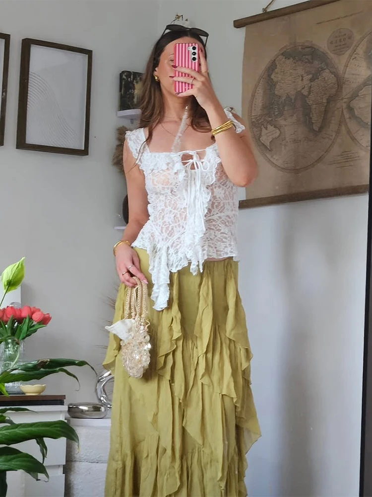 

Nibber Irregular Hem 2-Piece Set Women Ruffles Jacquard Bandage Low-Neck Vest+Tierred Long Skirts Sweet Fashion Elegant Suits
