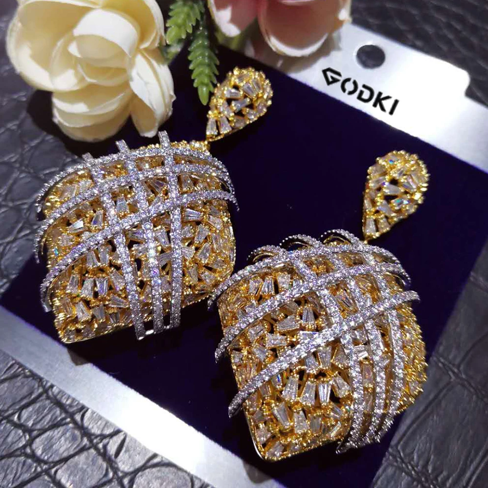 GODKI Big Fashion Luxury Crossover Statement Earrings For Women Wedding Party Full Zircon Dubai Bridal jewelry Set 2022