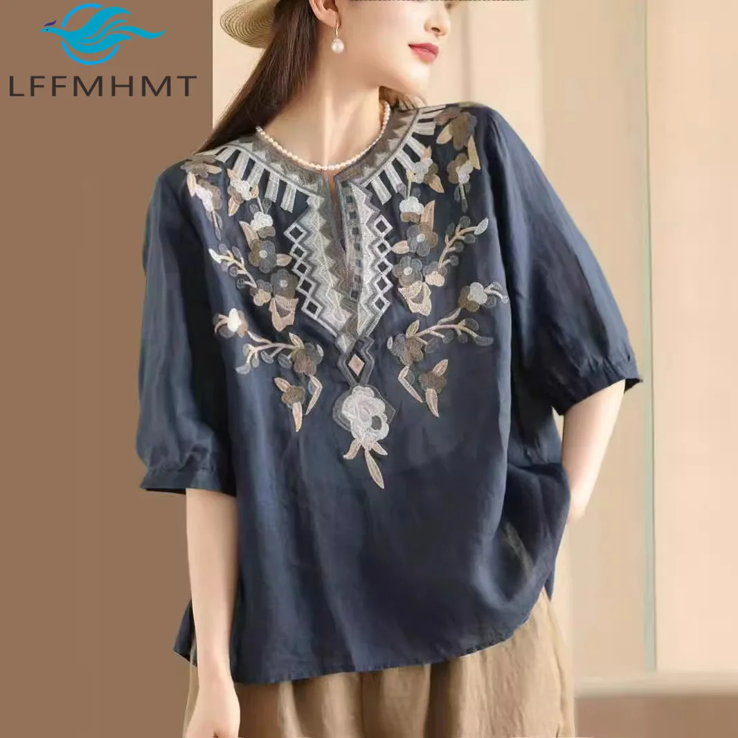 

Женская льняная футболка с цветочной вышивкой, повседневный Свободный пуловер в китайском винтажном стиле с коротким рукавом и круглым вырезом, элегантный удобный топ