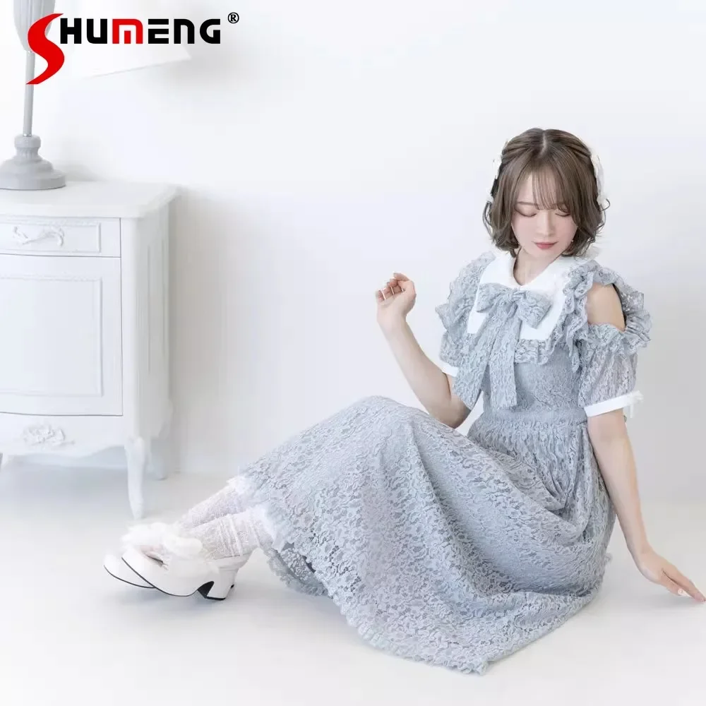 

Japanese Style Sweet Bow Ribbon Long Dress Ladies Elegant Lolita Woman Slim-Fit Off-Shoulder Short Sleeve Lace Large Dresses