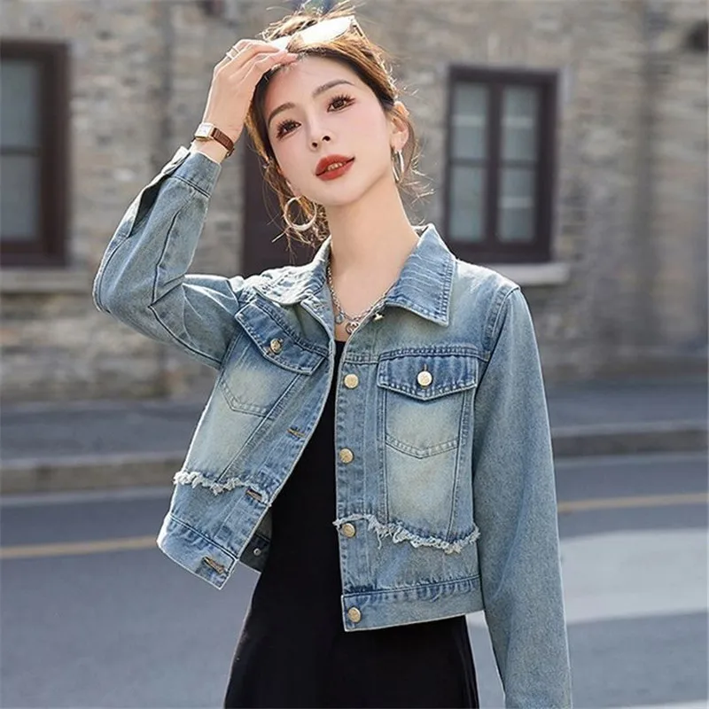 

Vintage Short Denim Women Spring And Autumn New Fashion Maobian Long Sleeves Jeans Coat Female Casual Slim Clothes T1272