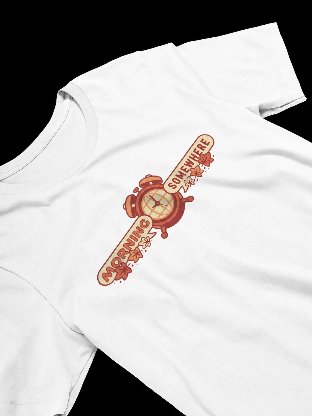 Hot Sale Morning Somewhere Retro Alarm Clock Graphic T‑Shirt, Fall Maple Leaf Print Unisex Casual Short Sleeve Cotton Autumn Tee