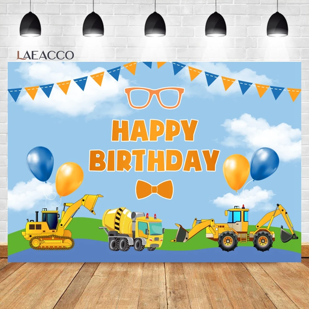 Laeacco Birthday Backgrounds Construction Zone Excavator Truck Crane Builder Boy Newborn Photography Backdrops For Photo Studio
