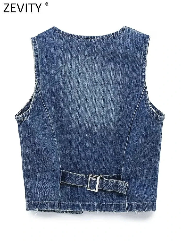 Zevity 2022 Women Fashion V Neck Sleeveless Slim Denim Vest Jacket  Ladies Retro Metal Buttons Short WaistCoat Tops CT2940