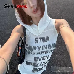 Genayooa Vintage Print Letter Tank Tops Sleeveless With Hoody Y2k Retro Crop Top Streetwear 2000s Japanese Summer Tank E Girls