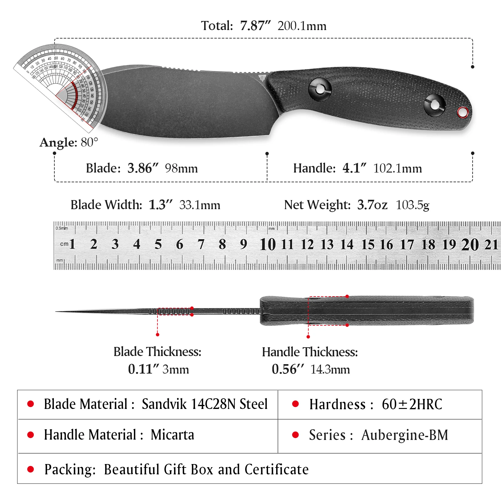 TRIVISA Straight Knife Aubergine Full Tang Fixedblade With  Kydex  Sheath High Quality Outdoor Camping Hunting Cutting EDC Tools
