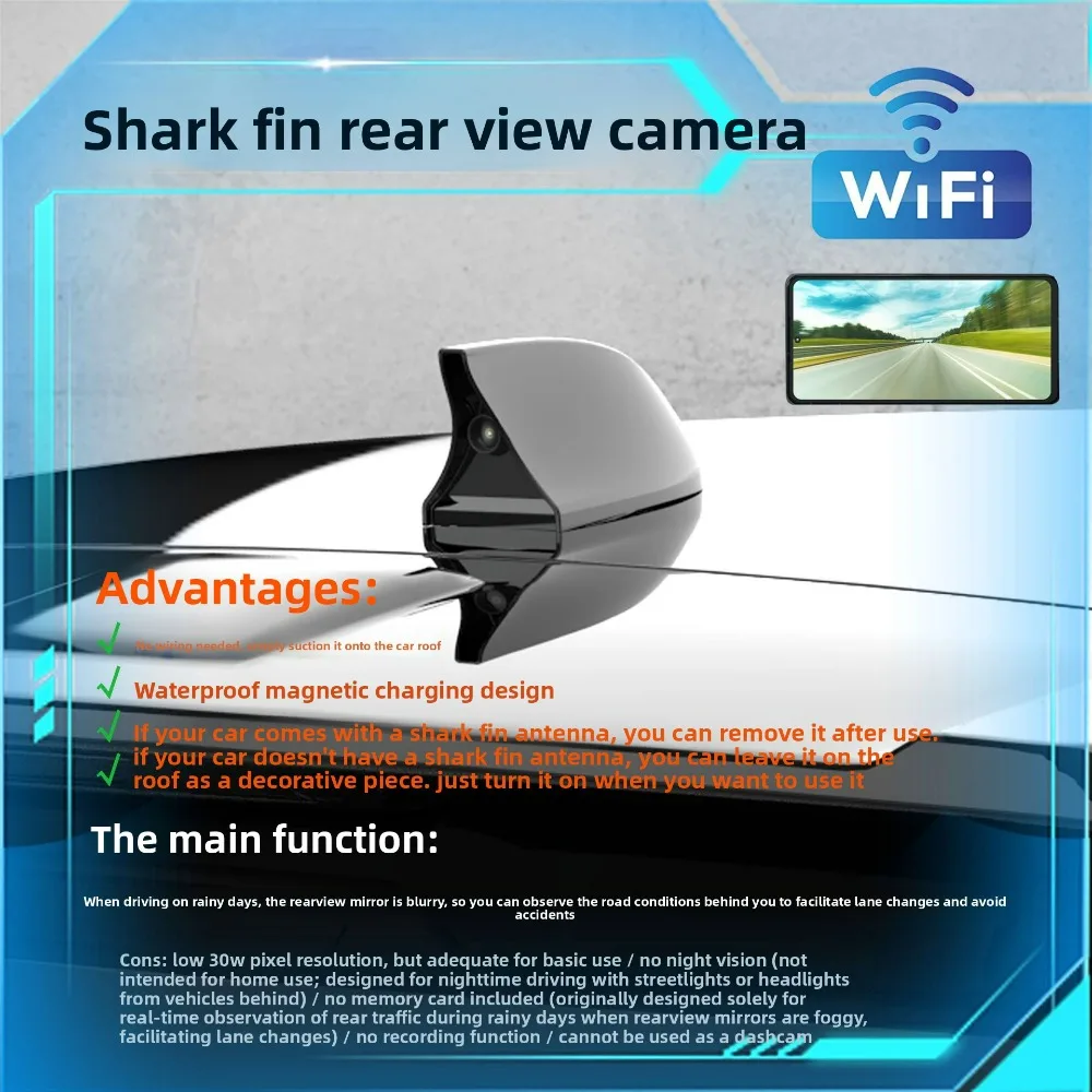 

Magnetic Wireless Shark Fin Rear View Camera Car SUV Rainy Day Driving Lane Changing Special Waterproof WiFi Cam for IOS Andriod