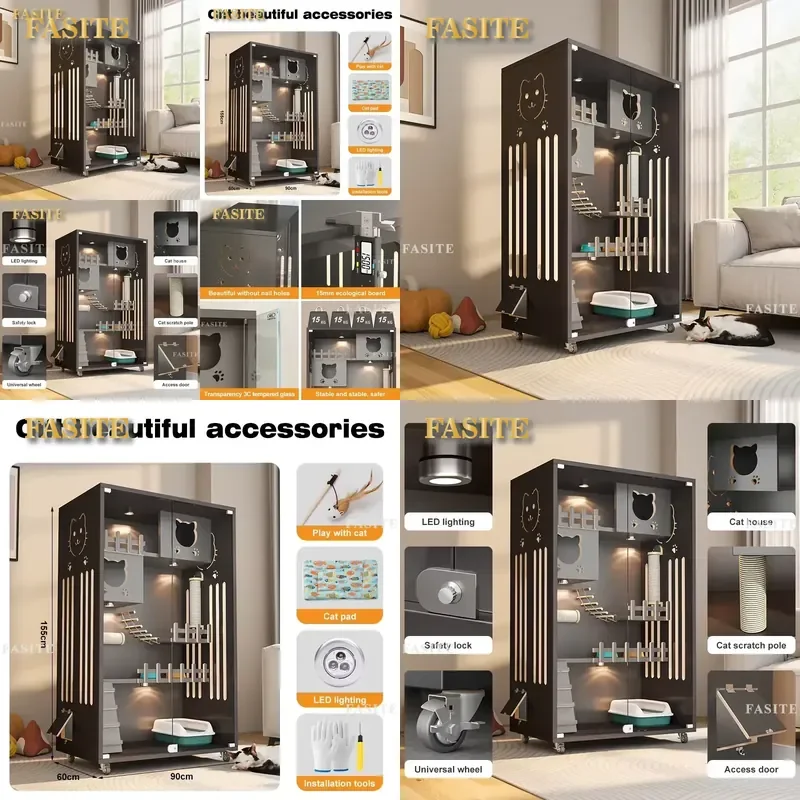 For Solid Wood Multi-layer Cat Climbing Frame Modern Cat Furniture Cabinet Closed Villa House Indoor Cats Durable Stylish